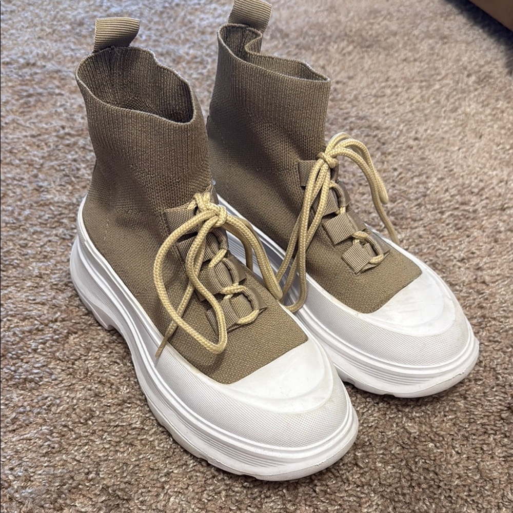 Tan High-Top Sneakers with Chunky White Soles